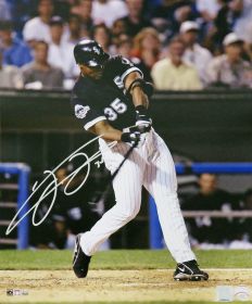 Frank Thomas Signed Chicago White Sox Black Jersey Swinging Action 16x20 Photo