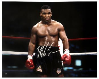 Mike Tyson Signed Boxing Black Trunks Action 16x20 Photo