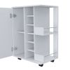 DEPOT E-SHOP Magda Bar Cart, Four Casters, Single Door Cabinet, Two External Shelves, White